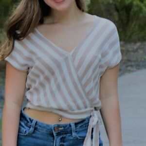 White and cream striped tie crop top